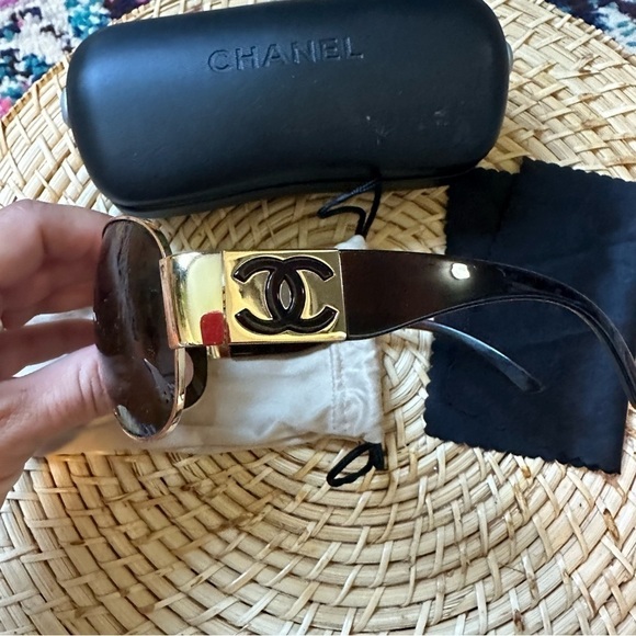 Chanel Gold Frame Logo Wrap Aviator Sunglasses With Case Y2K - Picture 1 of 11